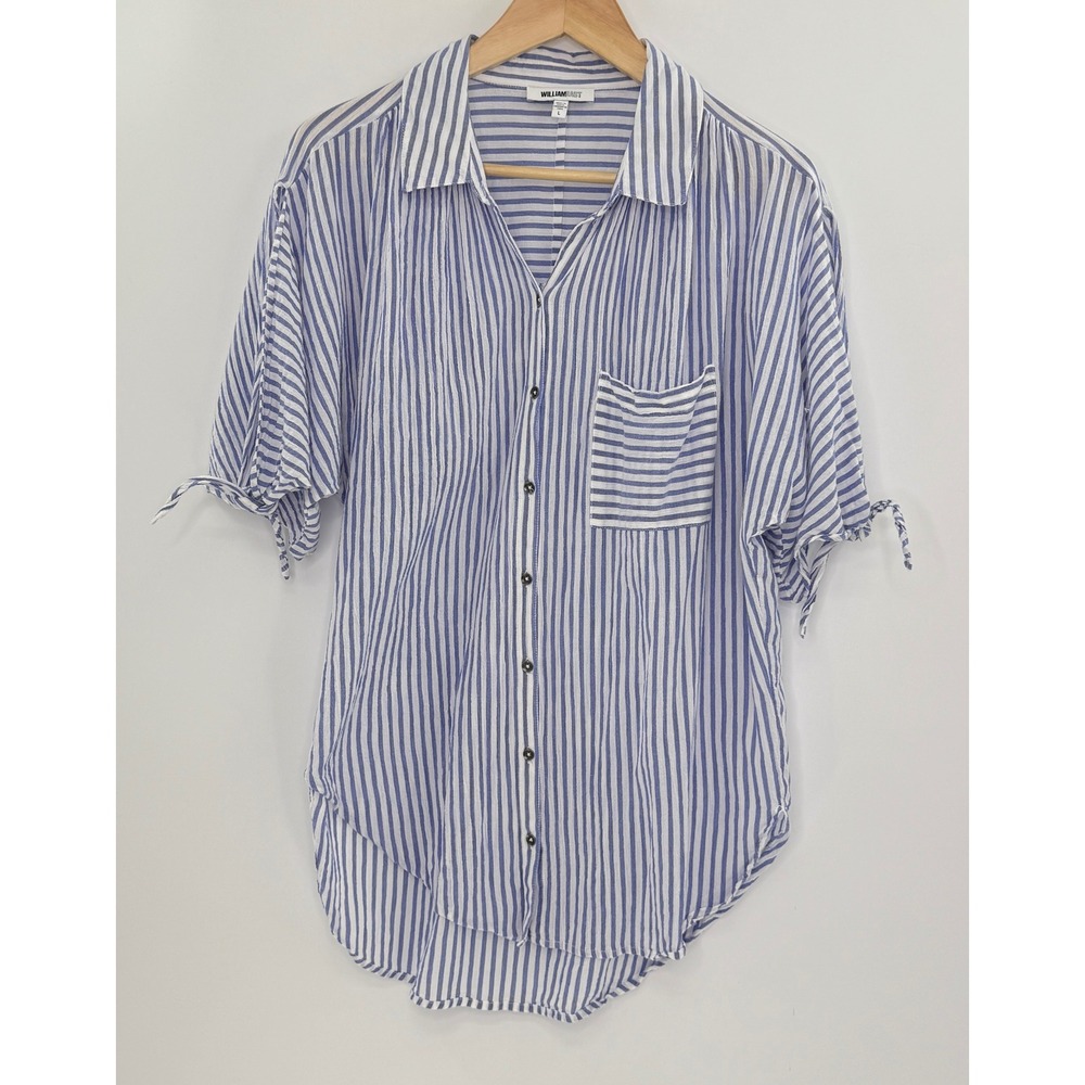 William Rast Women's Blue Striped Button Cold Shoulder Shirt Tie Sleeve, L Boho